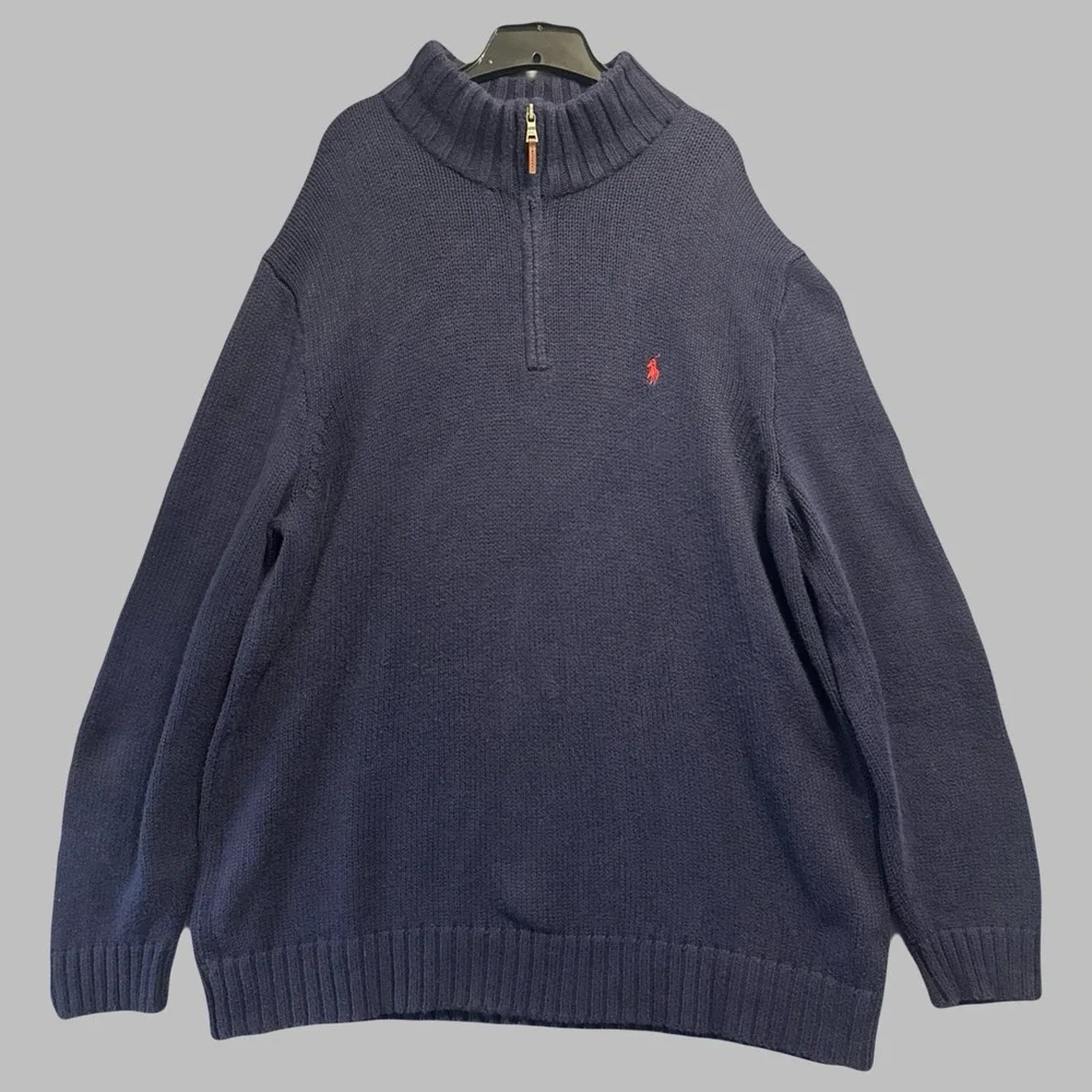 Polo Ralph Lauren 1/4 Zip Mock Neck Pullover Knit Sweater Mens 2XLT Tall Navy‎